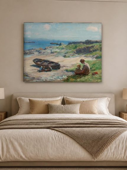 Strandmiddag met Moeder en Kind, Natuur & Landschap schilderij aan de muur in interieur