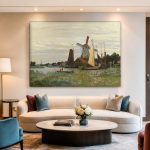 Molen bij Zaandam (naar Monet), Natuur & Landschap schilderij aan de muur in interieur