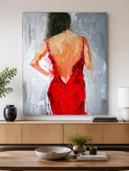 Vrouw in rode jurk, Mensen & Portretten schilderij aan de muur in interieur