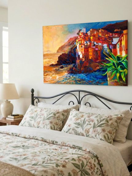 Kustdorp op de Rotsen, Natuur & Landschap schilderij aan de muur in interieur