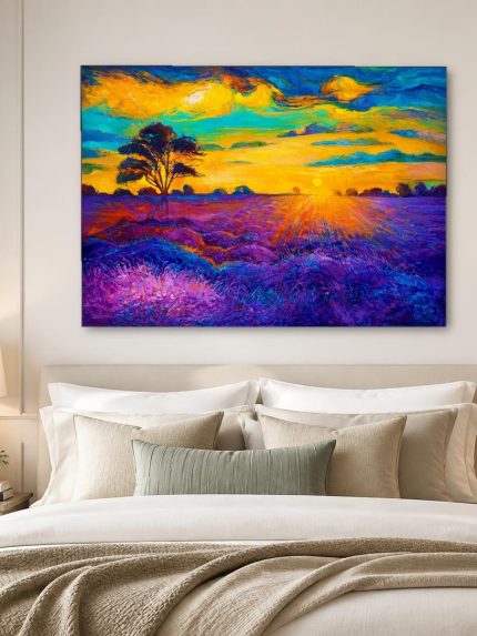 Lavendelveld in Gouden Zonsondergang, Natuur & Landschap schilderij aan de muur in interieur
