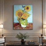 Zonnebloemen in Groene Vaas (naar Van Gogh), Bloemen & Stilleven schilderij aan de muur in interieur