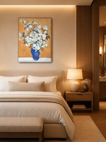 Witte Rozen in Blauwe Vaas, Bloemen & Stilleven schilderij aan de muur in interieur