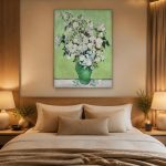 Rozen in Groene Vaas (naar Van Gogh), Bloemen & Stilleven schilderij aan de muur in interieur
