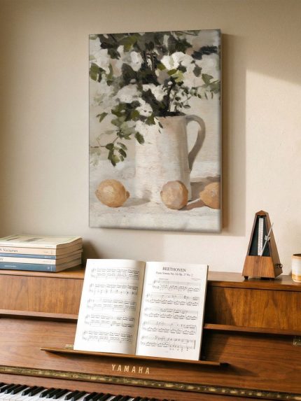 Witte bloesem met citroenen, Bloemen & Stilleven schilderij aan de muur in interieur