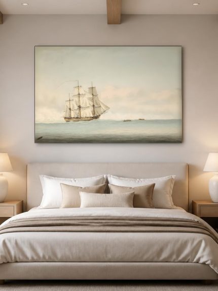 Fregat op Stille Zee, Natuur & Landschap schilderij aan de muur in interieur