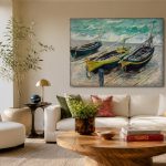 Drie Vissersboten (naar Monet), Natuur & Landschap schilderij aan de muur in interieur