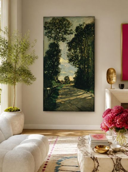 Weg tussen de Bomen (naar Monet), Natuur & Landschap schilderij aan de muur in interieur