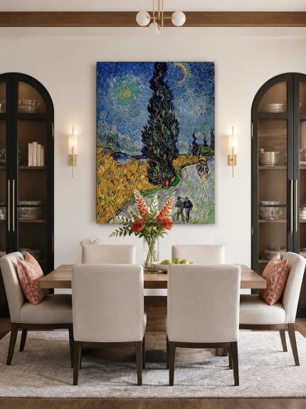 Weg met Cipres en Ster (naar Van Gogh), Natuur & Landschap schilderij aan de muur in interieur