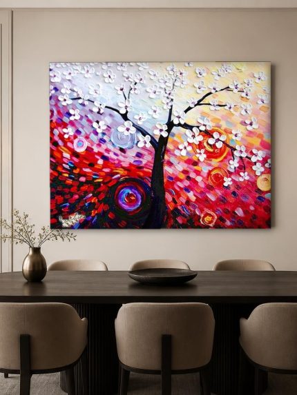 Bloesemboom in vuurwerk van kleur, Bloemen & Stilleven schilderij aan de muur in interieur