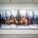 Wolkenkrabbers in Kleurrijke Mist, Steden & Skylines schilderij aan de muur in interieur