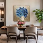 Blauw Boeket in Paletmes, Bloemen & Stilleven schilderij aan de muur in interieur
