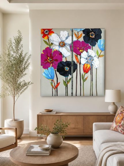 Bonte Bloemenweide, Bloemen & Stilleven schilderij aan de muur in interieur