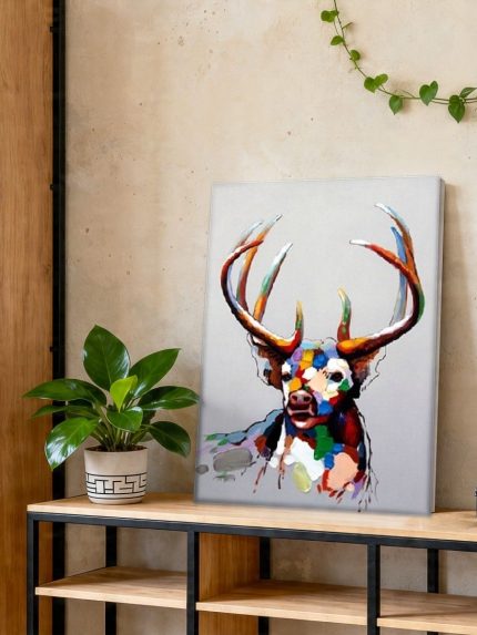 Kleurrijk Hert met Gewei, Dieren schilderij aan de muur in interieur