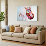 Kleurrijk Paard met Speelse Blik, Dieren schilderij aan de muur in interieur