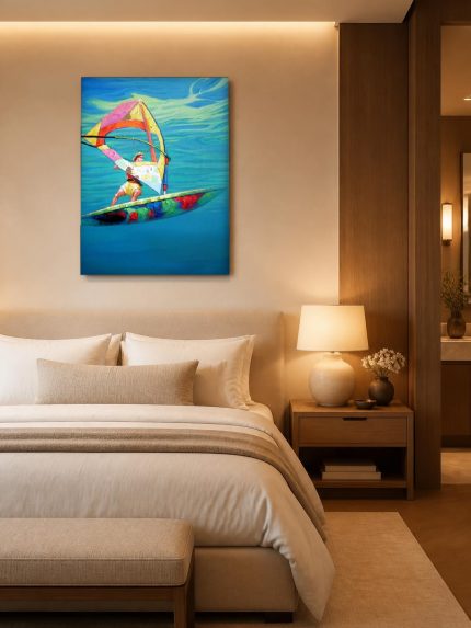 Windsurfer op Turquoise Zee, Natuur & Landschap schilderij aan de muur in interieur
