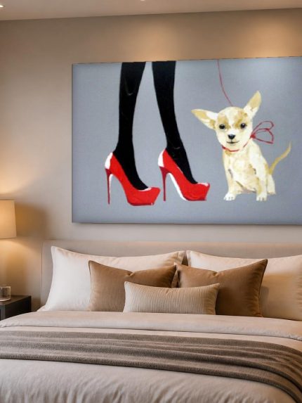 Chihuahua aan de Rode Leiband, Dieren schilderij aan de muur in interieur