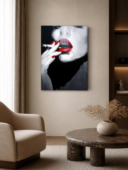 Rode Lippen, Stille Rook, Mensen & Portretten schilderij aan de muur in interieur
