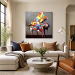 Vrolijke Vleugelpiano in Kleurvlakken, Mensen & Portretten schilderij aan de muur in interieur