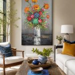 Kleurrijk Boeket in Witte Vaas, Bloemen & Stilleven schilderij aan de muur in interieur