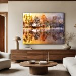 Mistige Herfstoever, Natuur & Landschap schilderij aan de muur in interieur