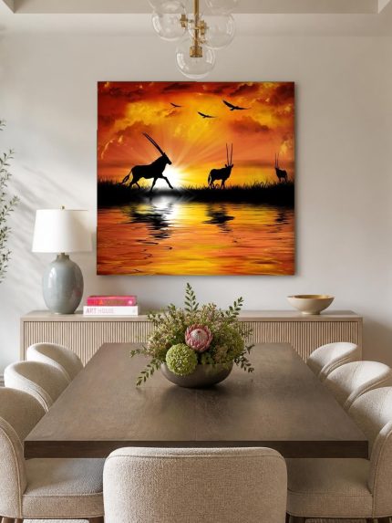 Oryx bij Zonsondergang, Dieren schilderij aan de muur in interieur