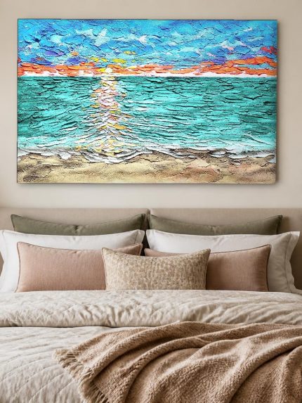 Strand bij Zonsopgang, Natuur & Landschap schilderij aan de muur in interieur
