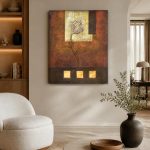 Gouden Bloesemtak in Aardetinten, Bloemen & Stilleven schilderij aan de muur in interieur