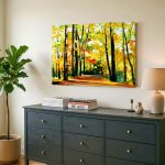 Gouden Bospad in Herfstlicht, Natuur & Landschap schilderij aan de muur in interieur