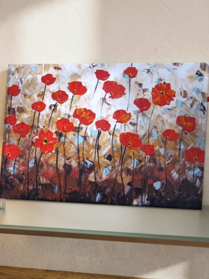 Klaprozen in paletmesstructuur, Bloemen & Stilleven schilderij aan de muur in interieur