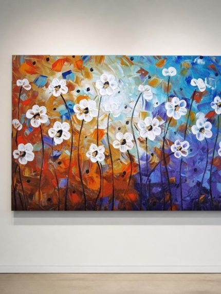 Witte Veldbloemen in Kleurenspel, Bloemen & Stilleven schilderij aan de muur in interieur