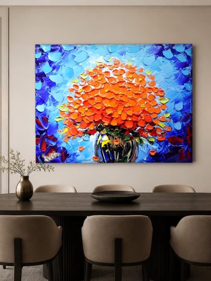 Oranje Bloesemboeket in Blauw Licht, Bloemen & Stilleven schilderij aan de muur in interieur