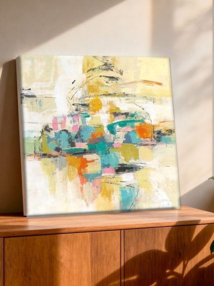 Kleurrijke Compositie in Turkoois en Oranje, Abstract & Modern schilderij aan de muur in interieur