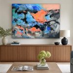 Kleurexplosie in Blauw en Oranje, Abstract & Modern schilderij aan de muur in interieur