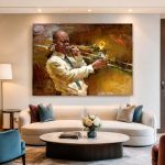 Trombonist in warm licht, Mensen & Portretten schilderij aan de muur in interieur