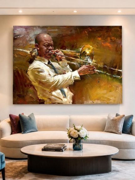 Trombonist in warm licht, Mensen & Portretten schilderij aan de muur in interieur