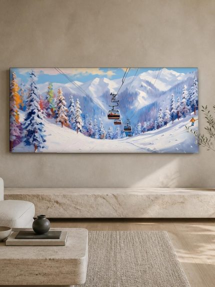 Skilift door het besneeuwde dal, Natuur & Landschap schilderij aan de muur in interieur