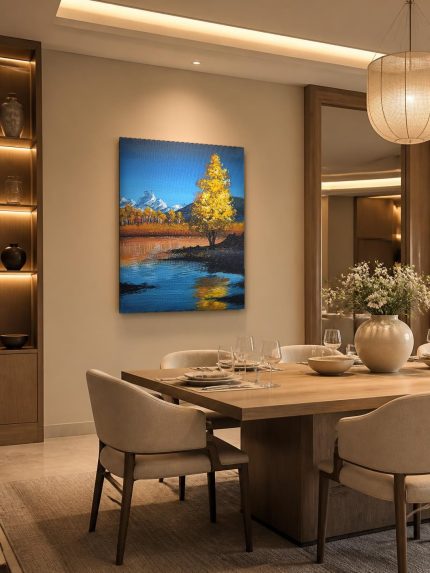 Gouden Herfstboom bij het Bergmeer, Natuur & Landschap schilderij aan de muur in interieur