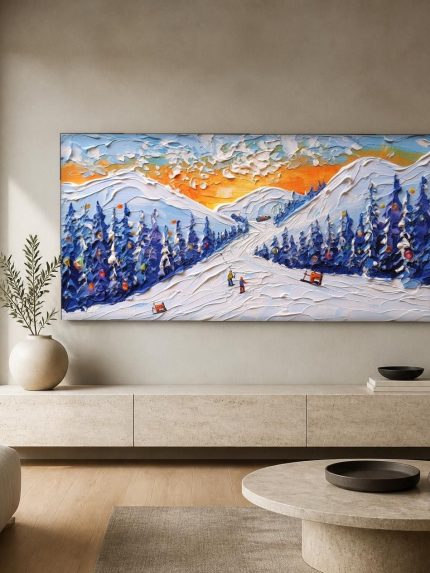 Sneeuwpiste in Gouden Avondlicht, Natuur & Landschap schilderij aan de muur in interieur