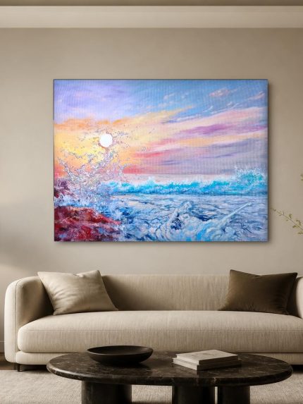 Golfslag in Pastel Licht, Natuur & Landschap schilderij aan de muur in interieur