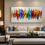 Kleurrijke Skyline in Beweging, Abstract & Modern schilderij aan de muur in interieur