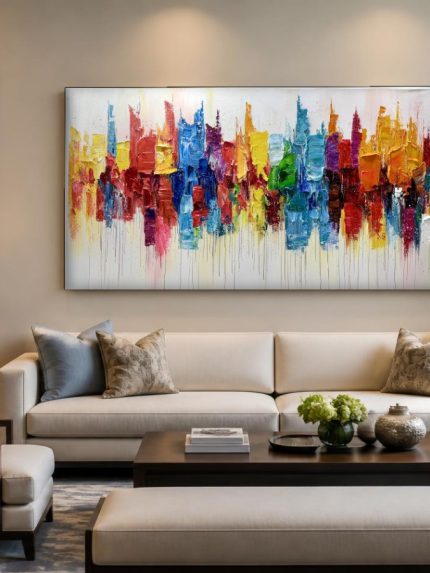 Kleurrijke Skyline in Beweging, Abstract & Modern schilderij aan de muur in interieur