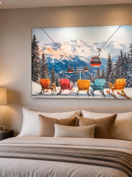 Kleurrijke Bergstoelen, Natuur & Landschap schilderij aan de muur in interieur