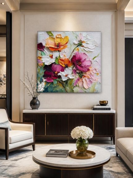 Veldbloemen in Impasto, Bloemen & Stilleven schilderij aan de muur in interieur