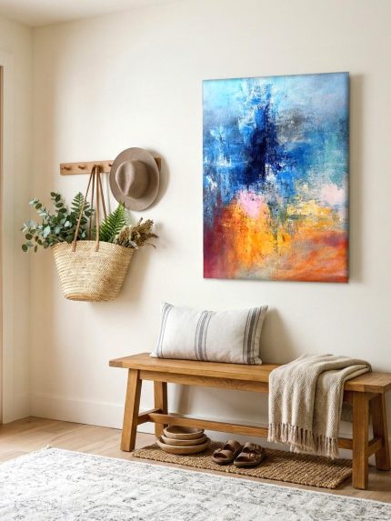 Kleurstroom in Blauw en Oranje, Abstract & Modern schilderij aan de muur in interieur