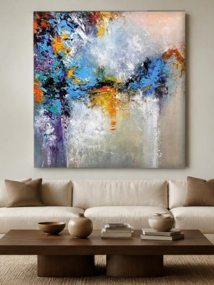 Blauwgouden Kleurexplosie, Abstract & Modern schilderij aan de muur in interieur