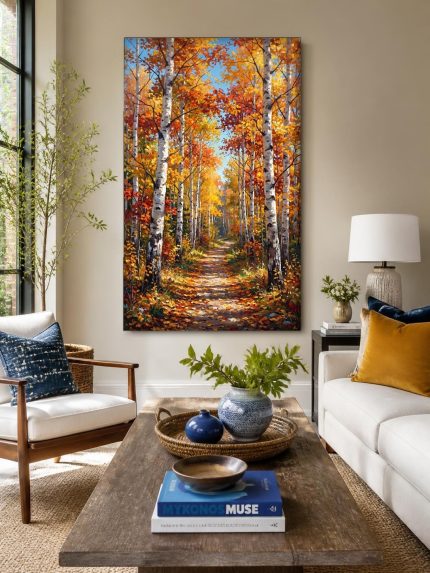 Gouden Berkenlaan in Herfsttooi, Natuur & Landschap schilderij aan de muur in interieur