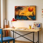 Savanne bij Zonsondergang, Natuur & Landschap schilderij aan de muur in interieur