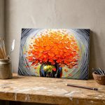 Oranje Boeket in Zwarte Vaas, Bloemen & Stilleven schilderij aan de muur in interieur