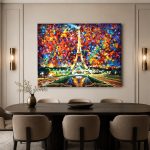 Eiffeltoren bij Nacht in Kleur, Steden & Skylines schilderij aan de muur in interieur